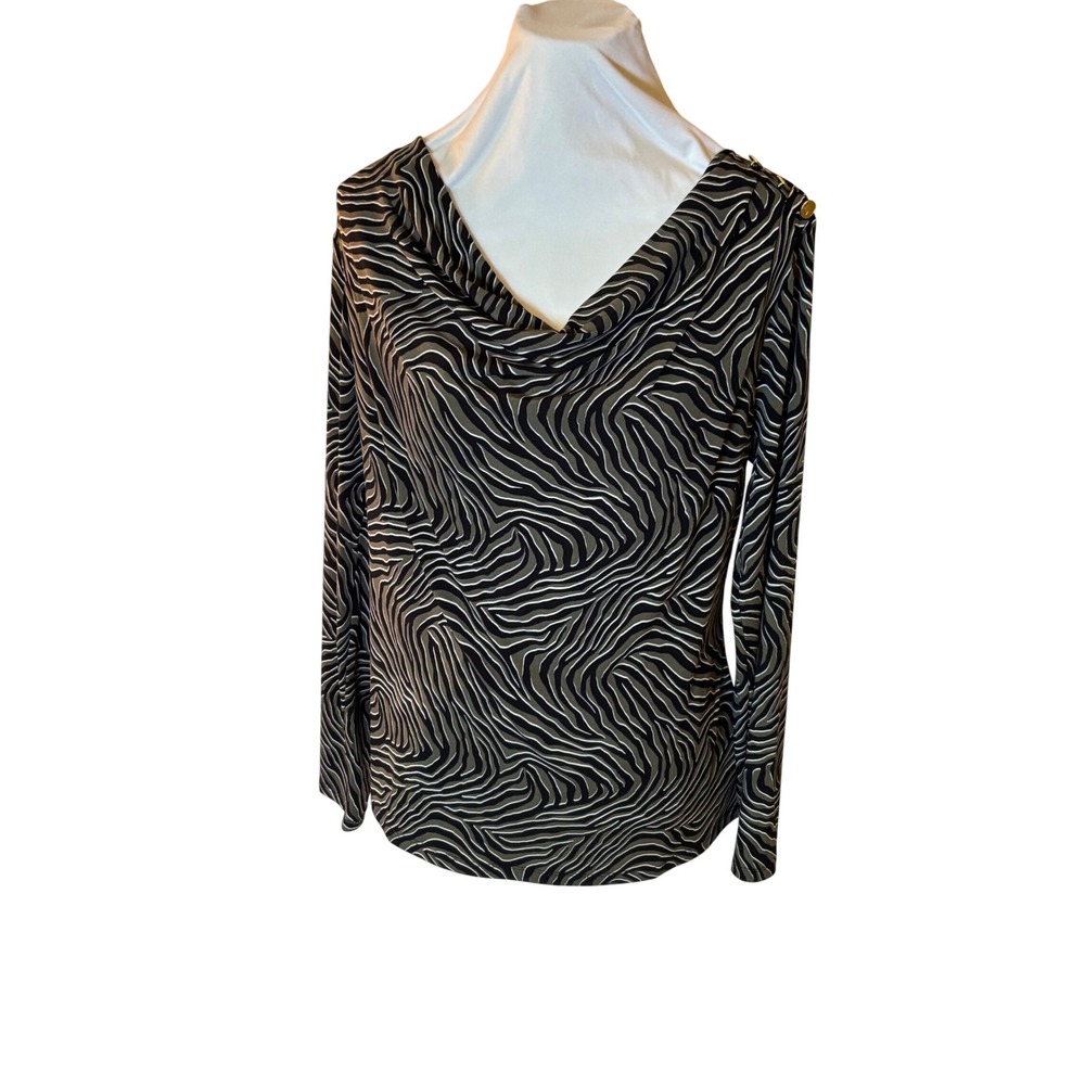Michael Kors Olive Abstract Print Cowl Neck Gold Button Long Sleeve Top L holida